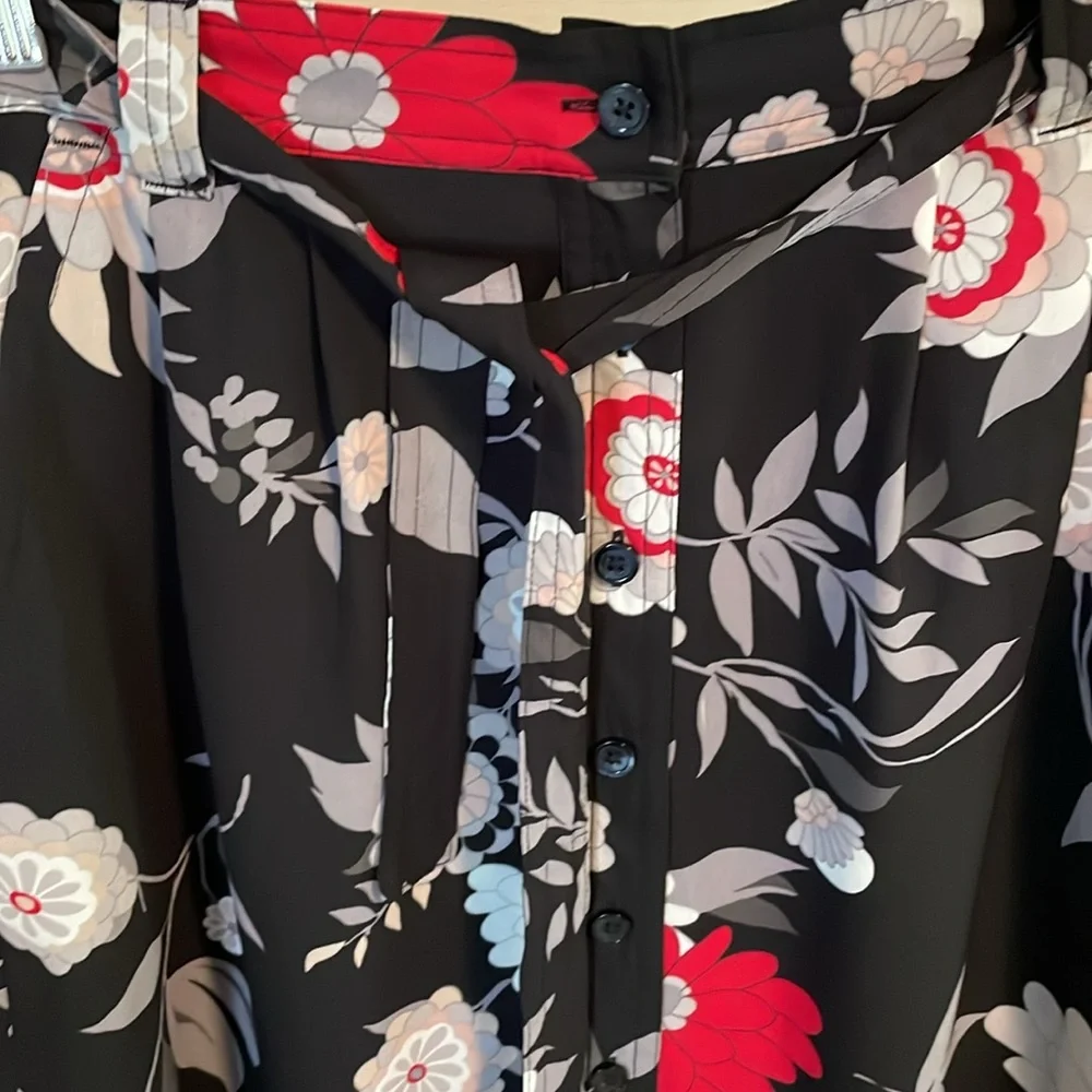 LOFT Black Floral Button Front Tie Waist Polyester Skirt Size XS